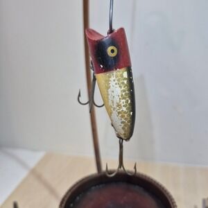 Vintage Heddon Baby Lucky 13 Wooden Fishing Lure Red White Yellow Scale 2.5 Inch